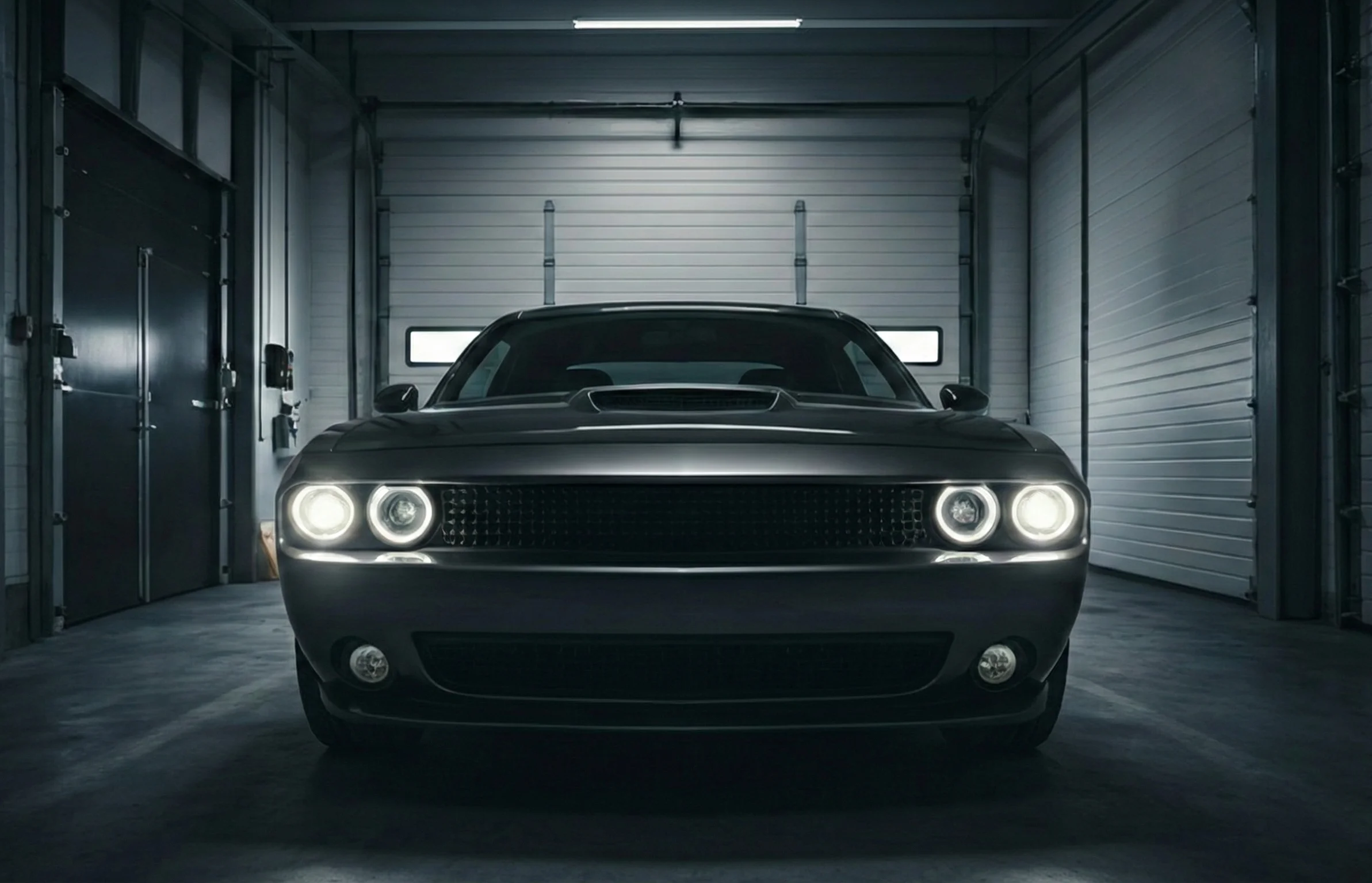 Dark muscle car front view in garage